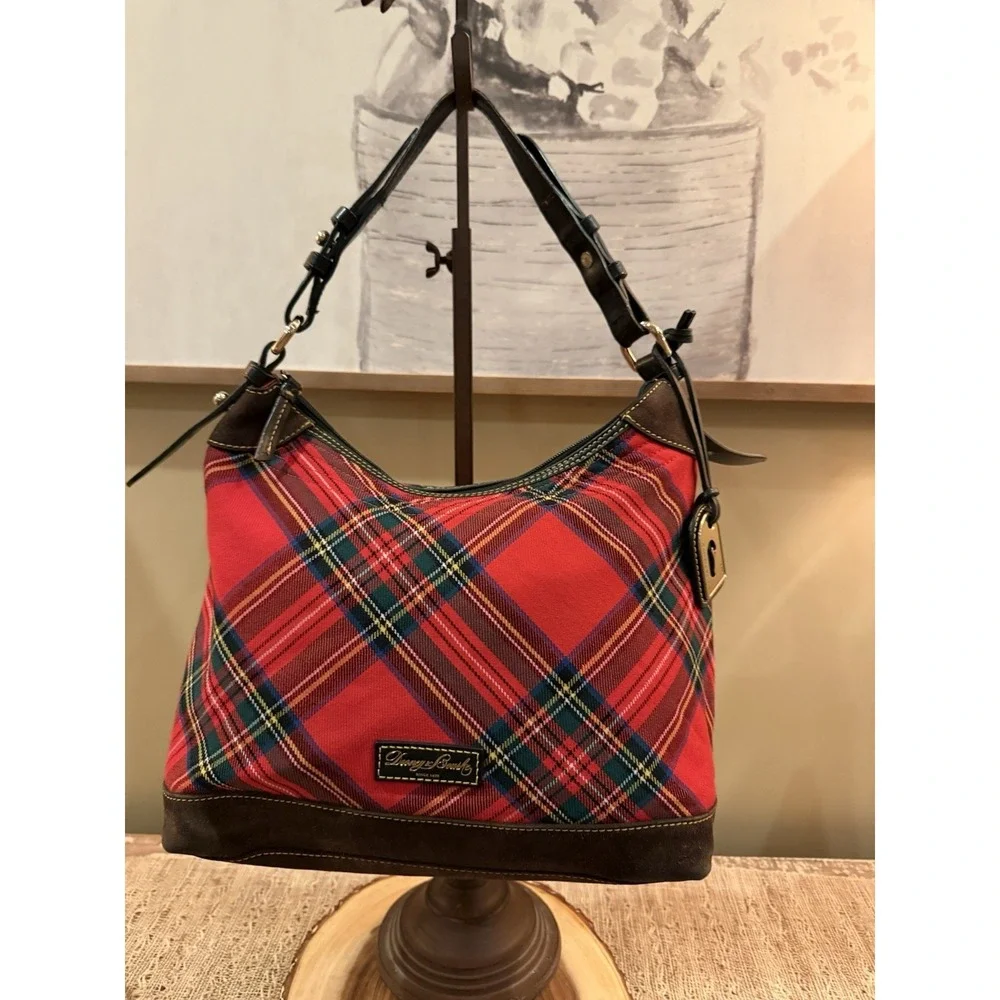 DOONEY & BOURKE RED TARTAN PLAID LEATHER SUEDE HOBO‎ PURSE